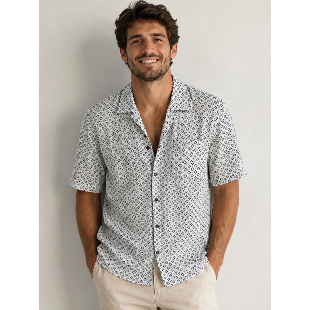 Johnston & Murphy‎ Mens XL Blue White Botanical Leaf  Linen Short Sleeve Shirt